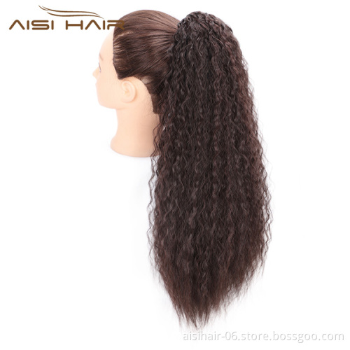 Aisi Hair High Temperature Fiber Drawstring Ponytail Hair Extensions Brown Long Wavy Synthetic Pony Tail Hairpieces